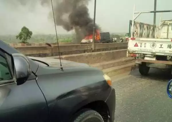 Just In: Bus Goes Up in Flames at Berger-Isheri Bridge in Lagos (Photos)
